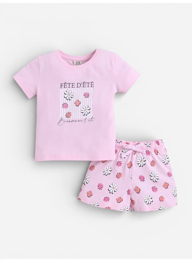 فكتور اند جين Girls Floral Print Cotton Pajama Set – T-Shirt & Shorts Nightwear